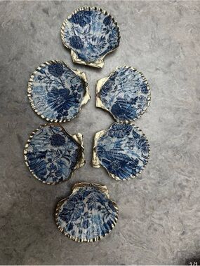 Blue Floral Shell Coasters with Gold Edging - Set of 6